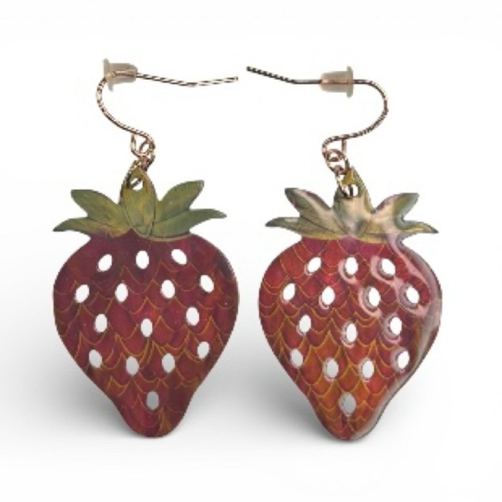 Handmade Strawberry Shaped Dangle Earrings Hand Painted Laser Cut Resin, [2”]